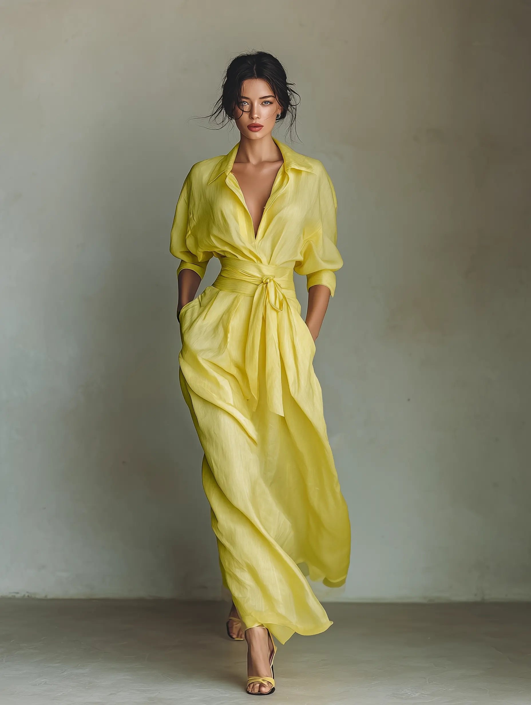 Women's Linen-Blend Tie-Waist Plunging V-Neck Maxi Shirt Dress