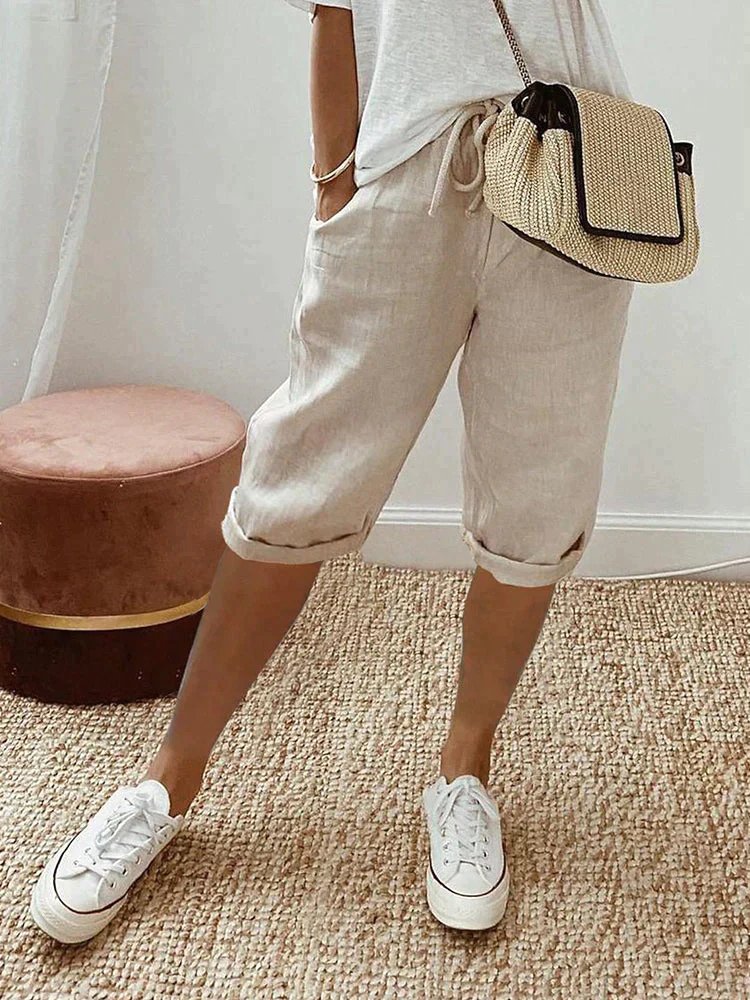 Women's Linen Drawstring Cropped Bermuda Shorts Relaxed Fit - Beige