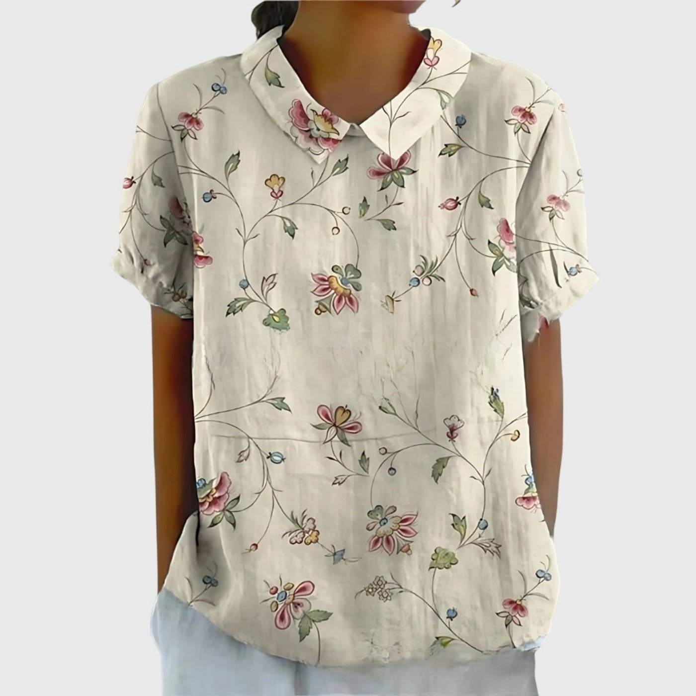 Women's Linen Floral Print Short Sleeve Peter Pan Collar Blouse - White 4