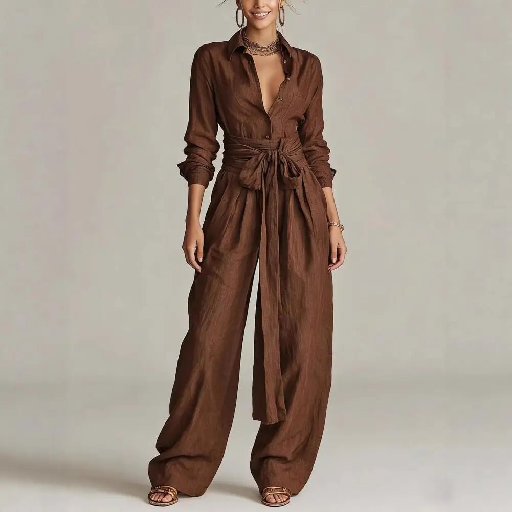 Women's Linen High-Waist Wide-Leg Trousers Open-Collar Shirt Co-Ord Set - Coffee