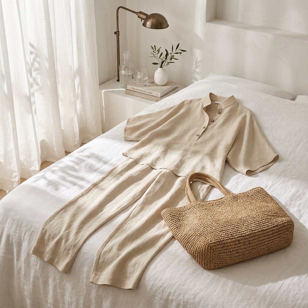 Women's Linen Kimono-Sleeve Mandarin-Collar Wide-Leg Trouser Set