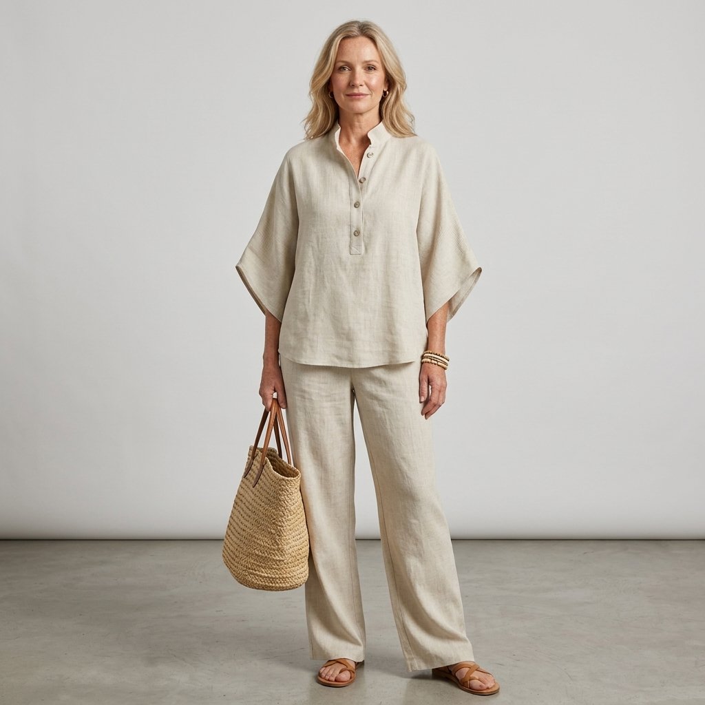 Women's Linen Kimono-Sleeve Mandarin-Collar Wide-Leg Trouser Set