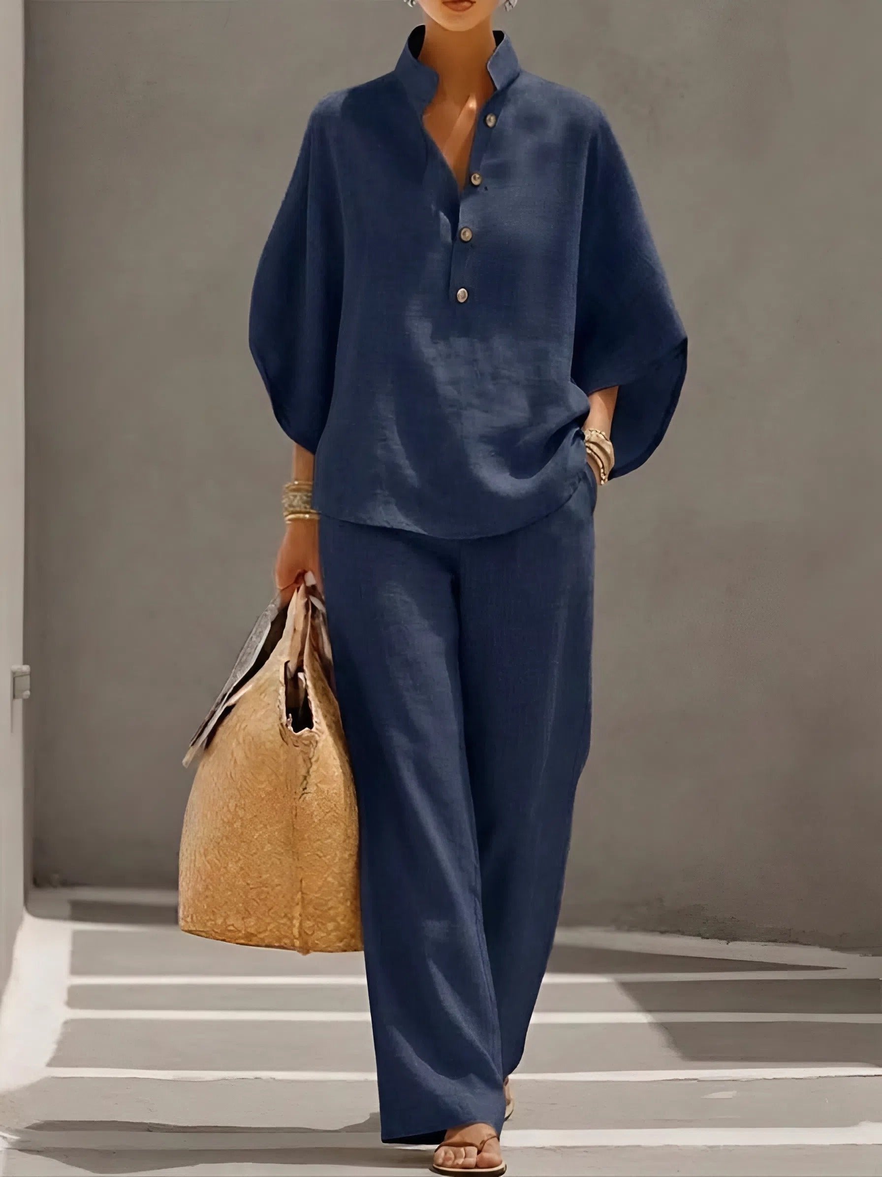 Women's Linen Kimono-Sleeve Mandarin-Collar Wide-Leg Trouser Set - Navy