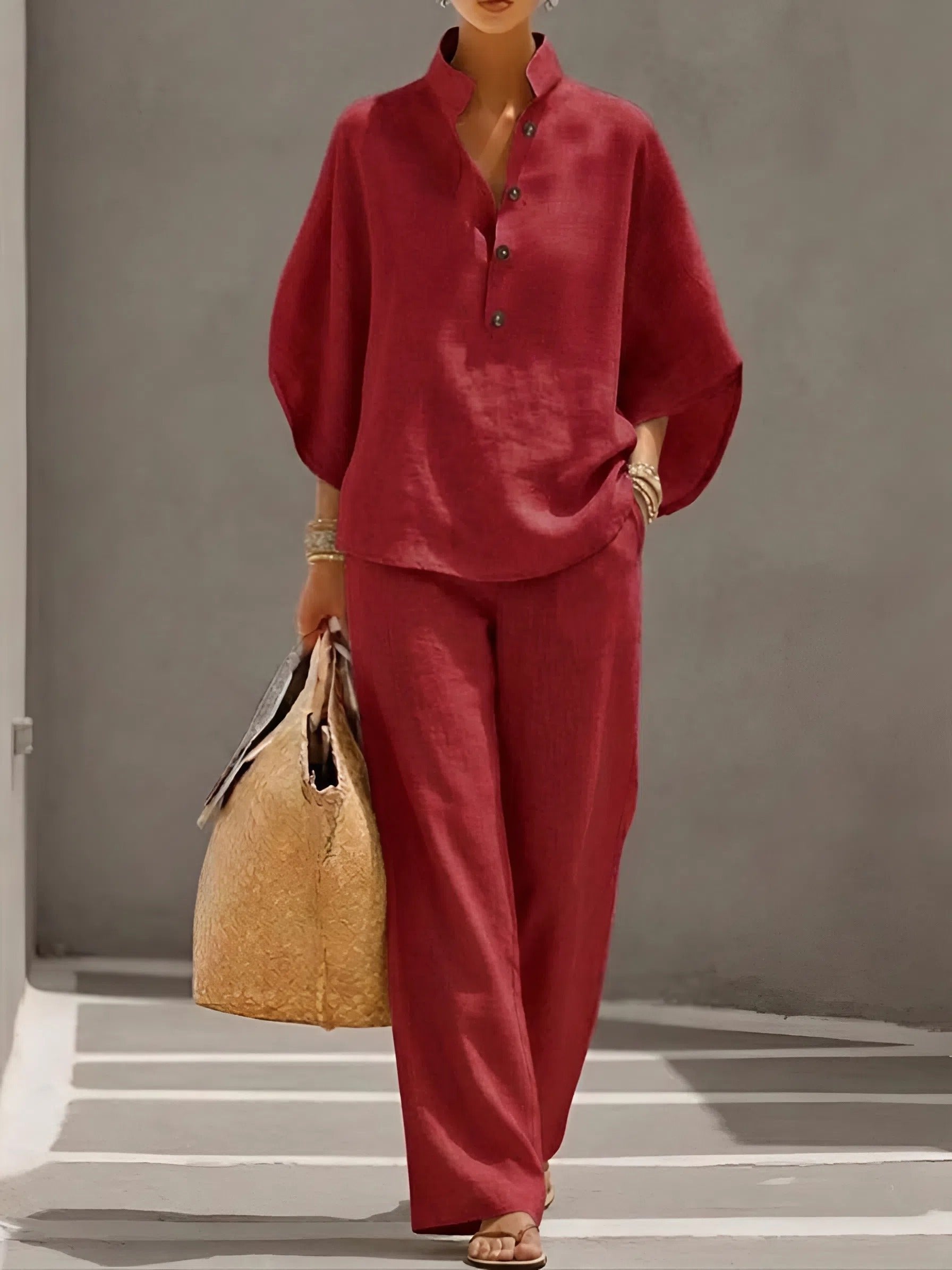 Women's Linen Kimono-Sleeve Mandarin-Collar Wide-Leg Trouser Set - Red