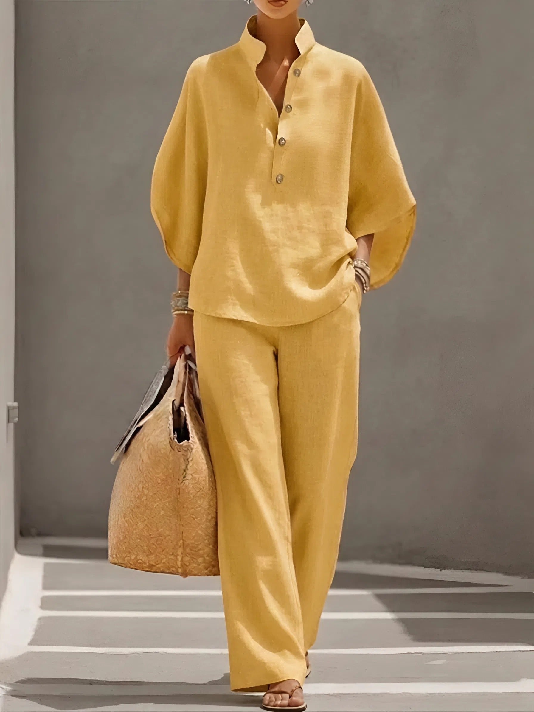 Women's Linen Kimono-Sleeve Mandarin-Collar Wide-Leg Trouser Set - Yellow