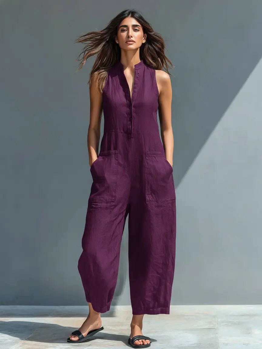 Women's Loose-Fit Sleeveless Linen Blend Button-Up Jumpsuit - Purple
