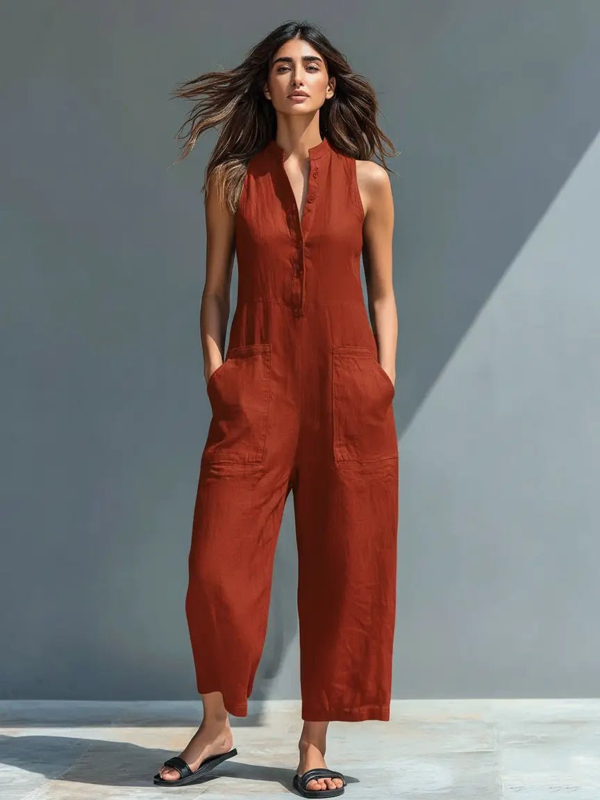 Women's Loose-Fit Sleeveless Linen Blend Button-Up Jumpsuit - Rust Red