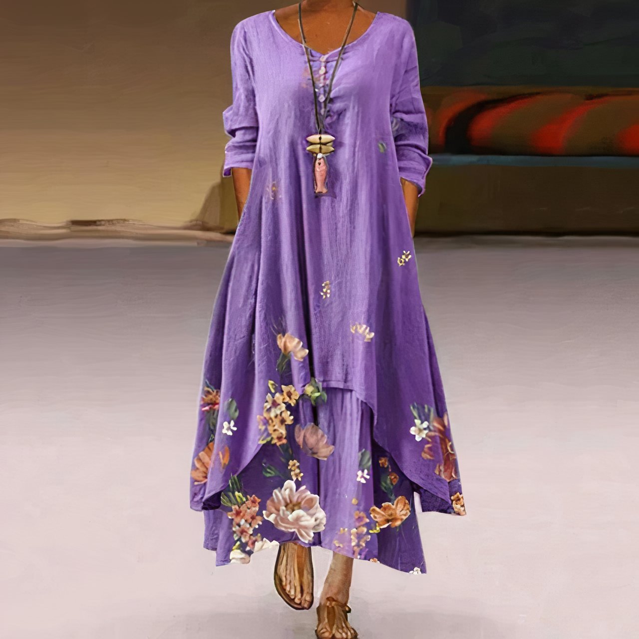 Women's Loose Floral Hem Long Sleeve Round Neck Maxi Dress - Lavender