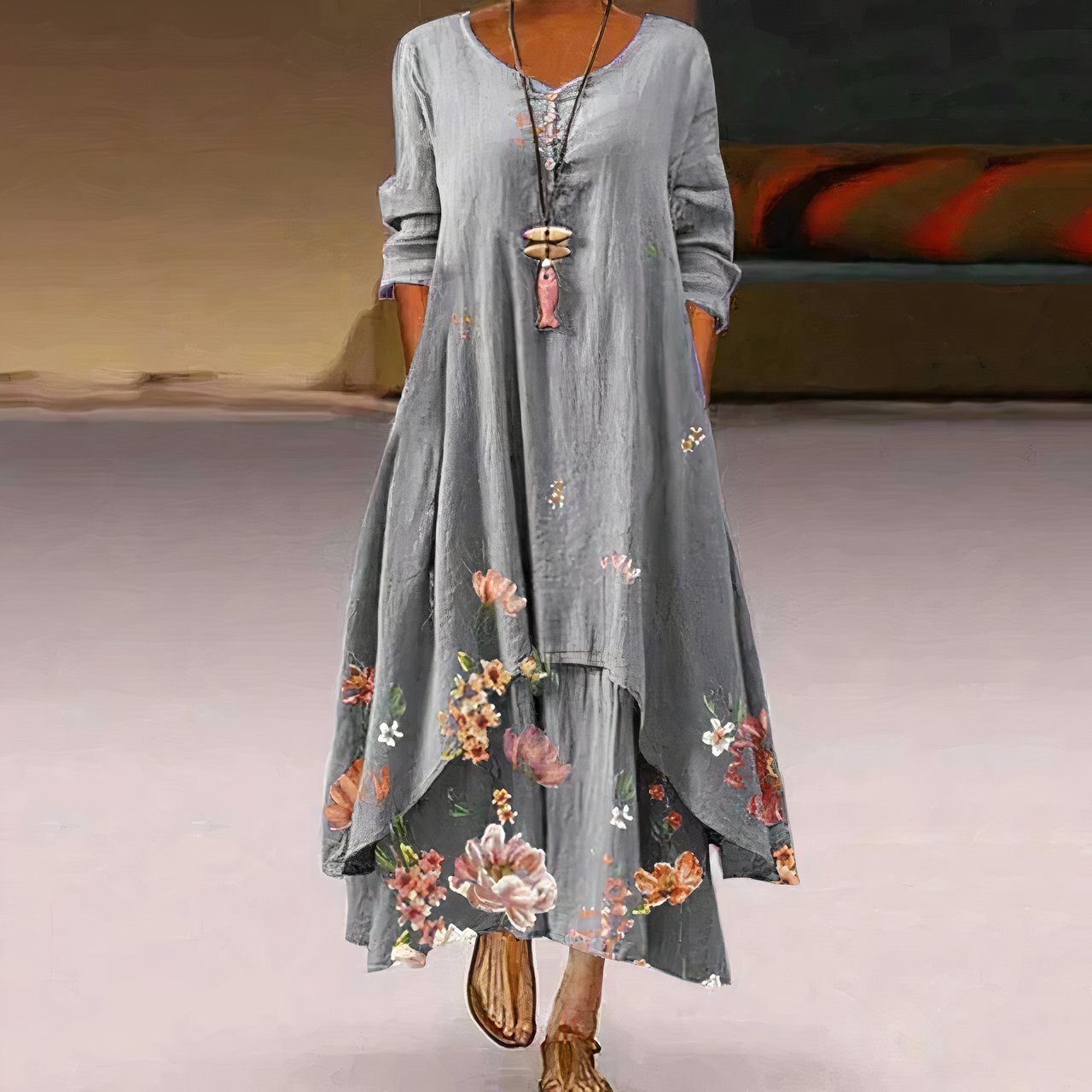 Women's Loose Floral Hem Long Sleeve Round Neck Maxi Dress - Light Gray