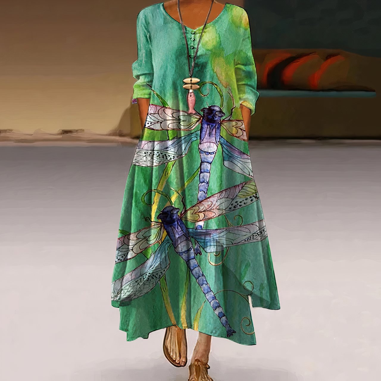 Women's Loose Floral Hem Long Sleeve Round Neck Maxi Dress - Green