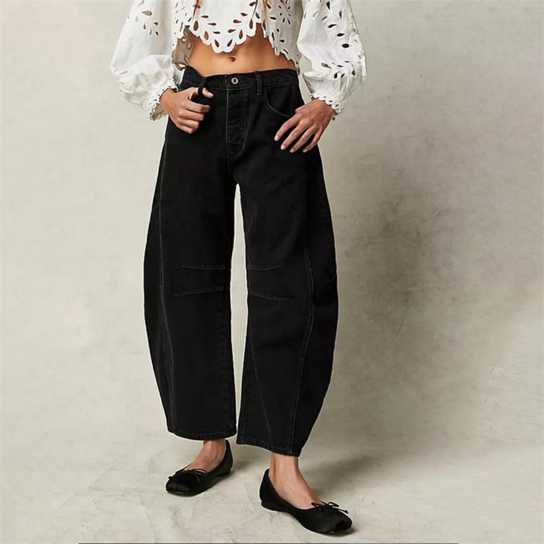 Women's Mid-Rise Cropped Barrel-Leg Wide-Fit Denim Jeans - Black