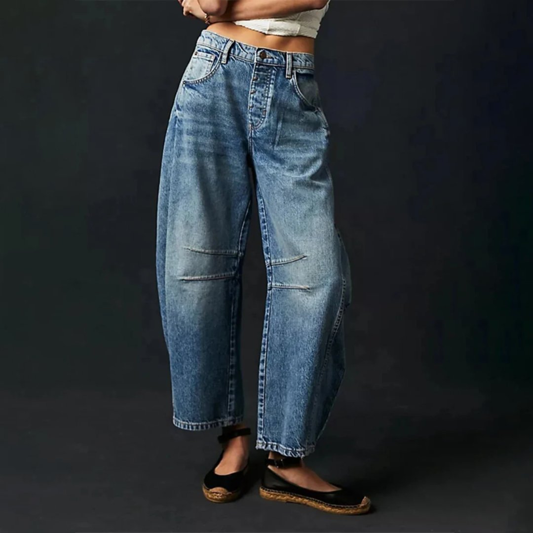 Women's Mid-Rise Cropped Barrel-Leg Wide-Fit Denim Jeans - Dark Blue