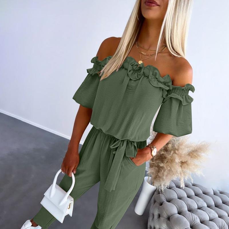 Women's Off-Shoulder Frill Tie-Waist Jumpsuit - Army Green