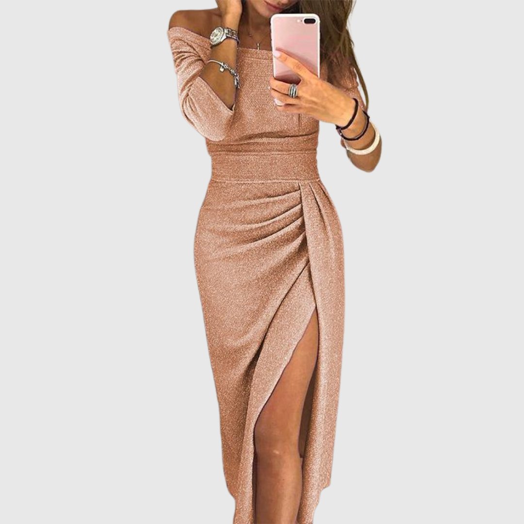 Women's Off-Shoulder Long-Sleeve Ruched Midi Dress - Champagne