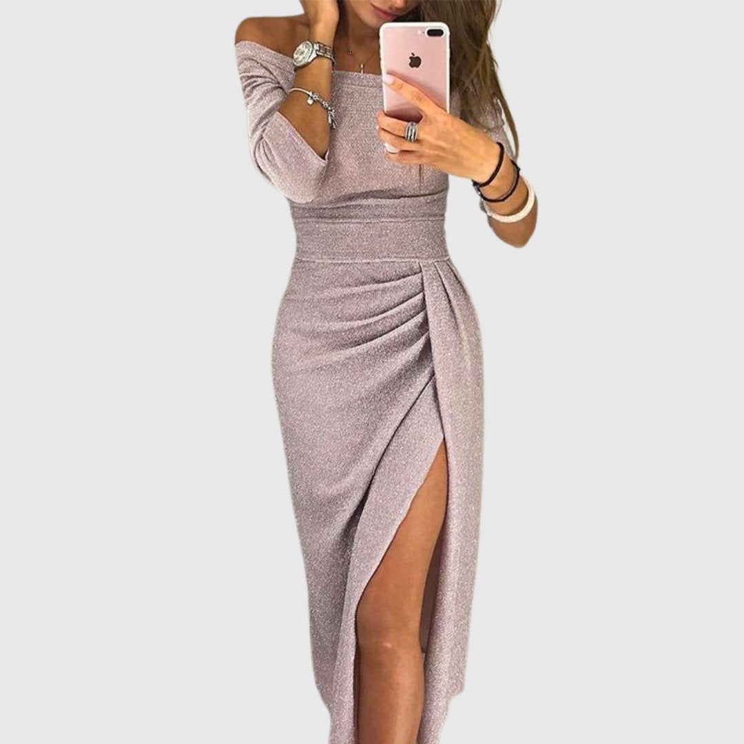 Women's Off-Shoulder Long-Sleeve Ruched Midi Dress - Pink