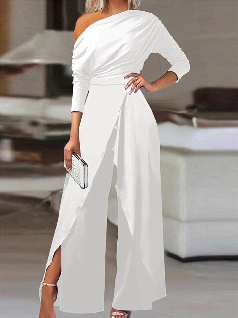 Women's Off-Shoulder Wide-Leg Long-Sleeve Jumpsuit - White