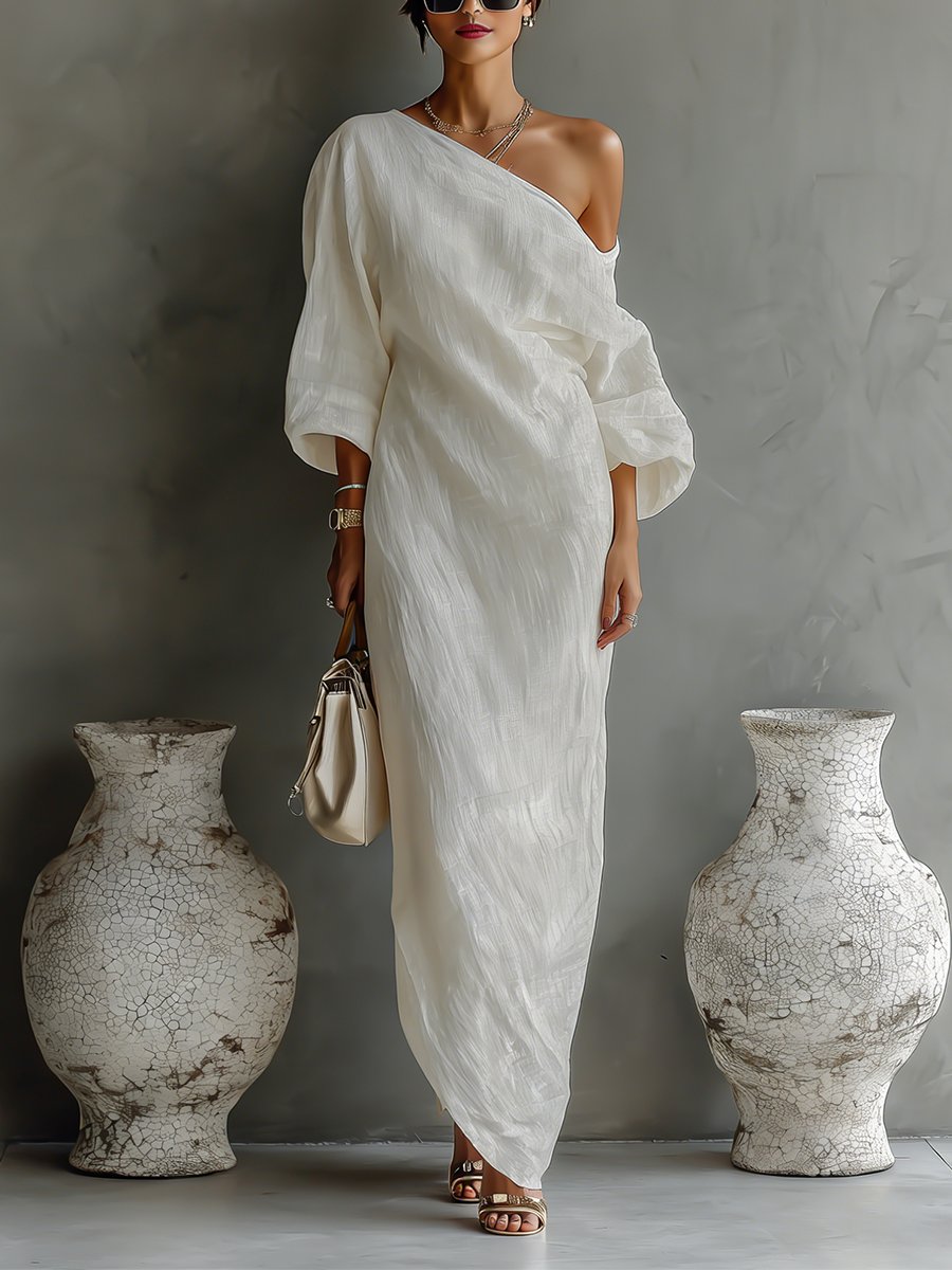 Women's One-Shoulder Cotton-Linen Maxi Dress Wedding Guest - Ivory White