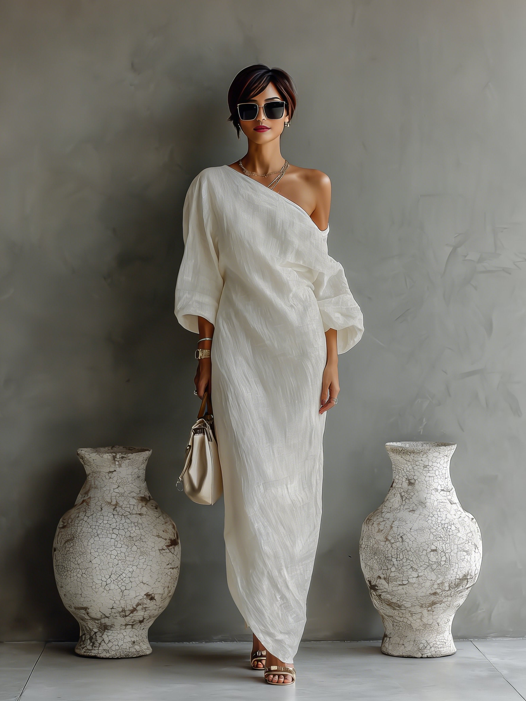 Women's One-Shoulder Cotton-Linen Maxi Dress Wedding Guest