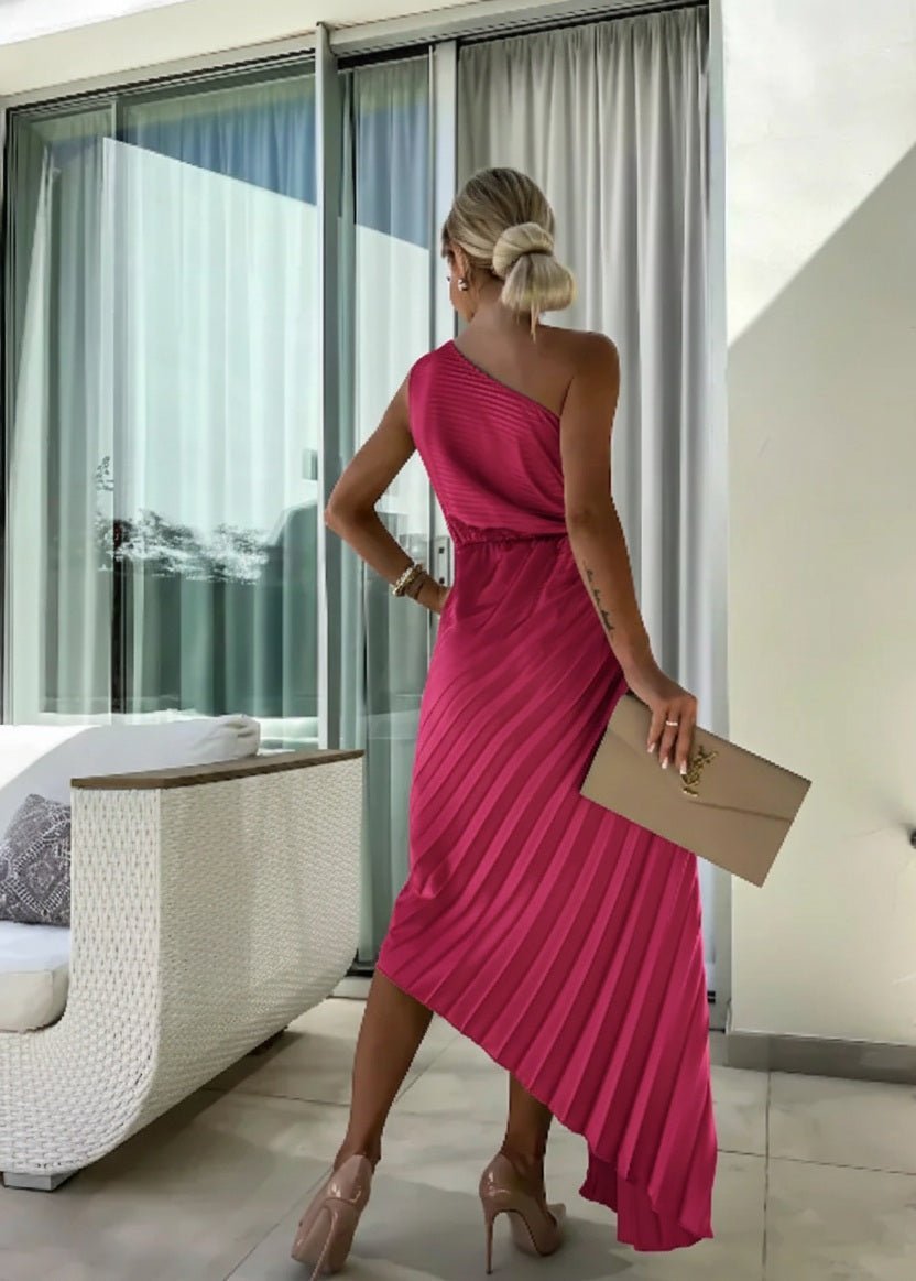 Women's One-Shoulder Pleated Midi Dress Asymmetric Floral-Detail