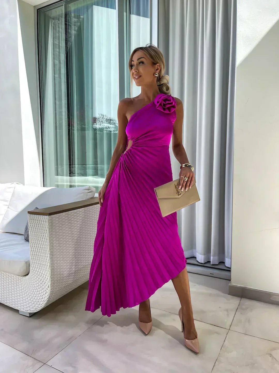 Women's One-Shoulder Pleated Midi Dress Asymmetric Floral-Detail - Purple