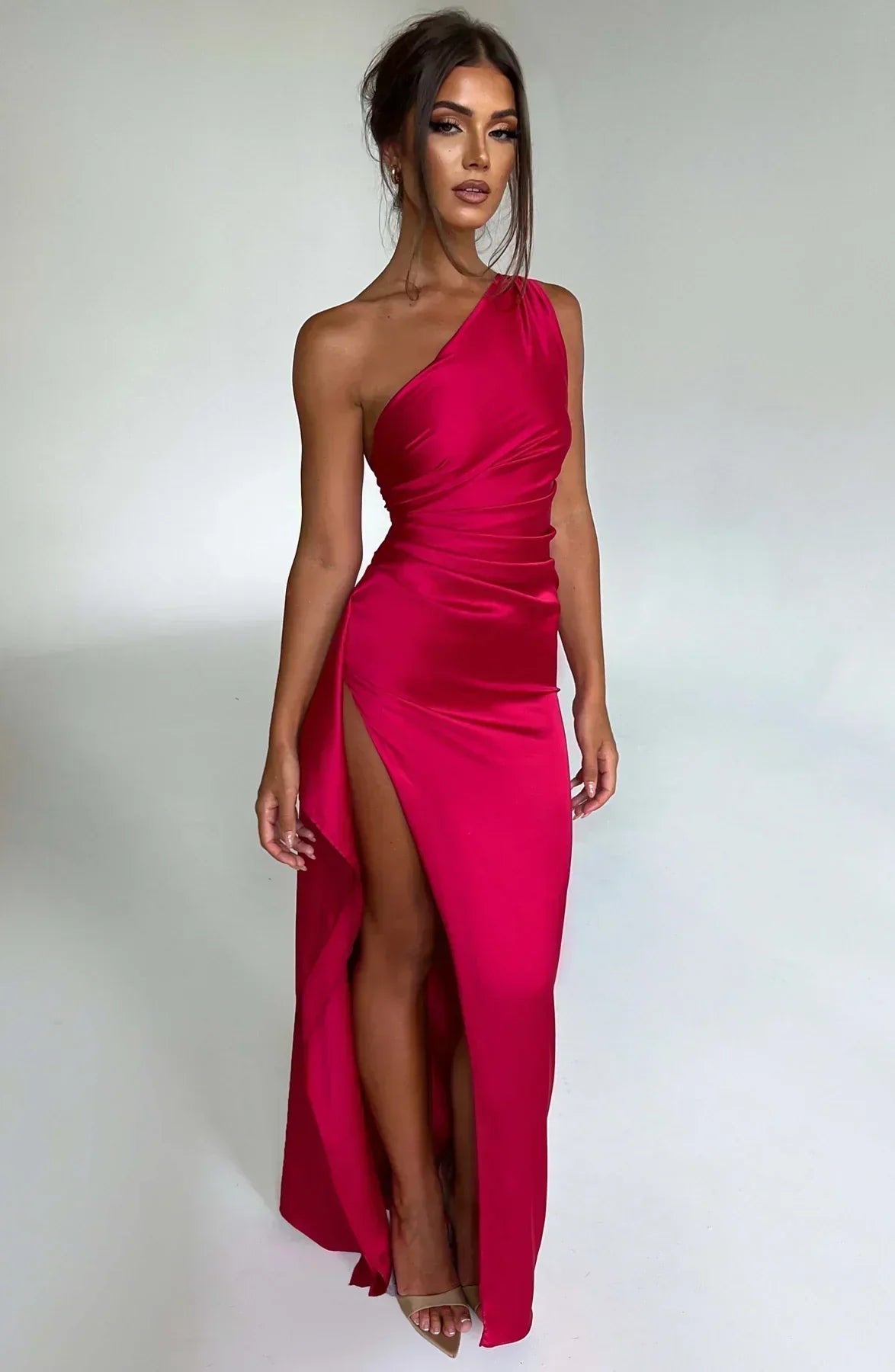Women's One-Shoulder Satin Asymmetric High-Split Maxi Evening Dress - Red