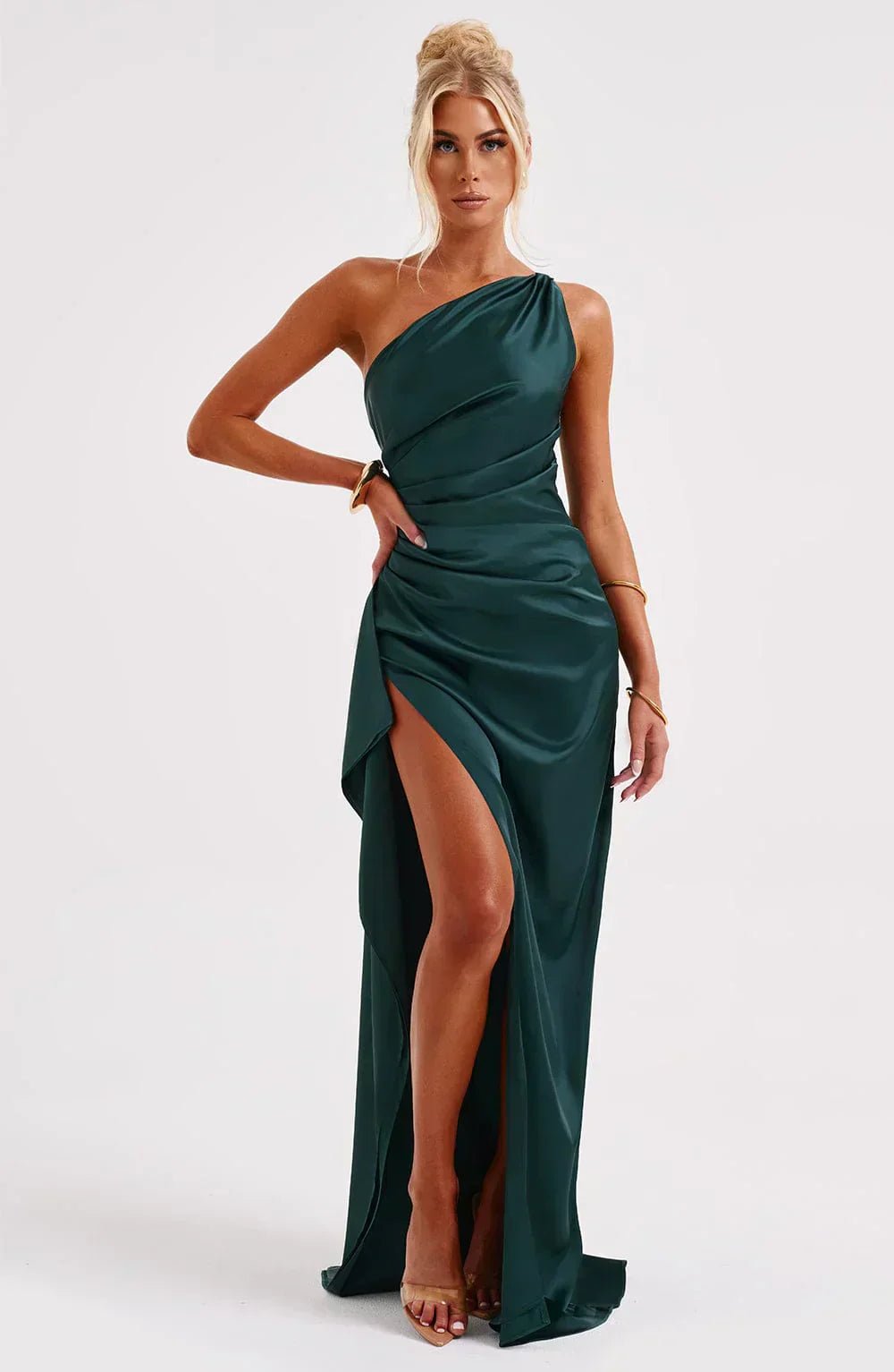 Women's One-Shoulder Satin Asymmetric High-Split Maxi Evening Dress - Dark Teal Green