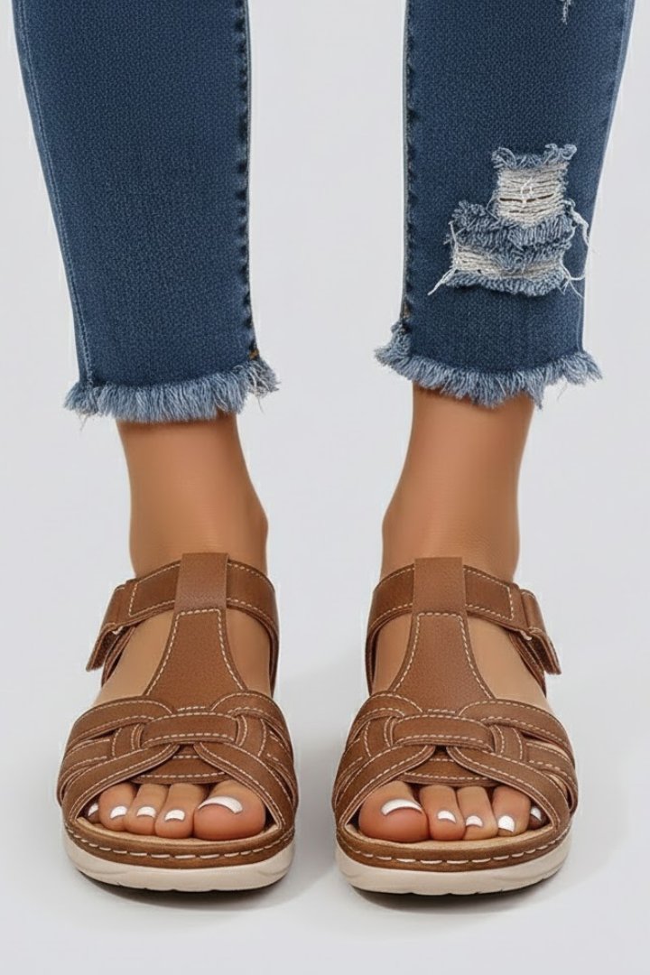 Women's Open Toe Woven Strap Flat Sandals Velcro Fastening - Brown