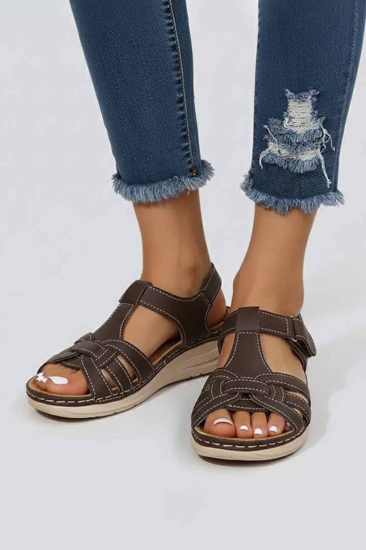 Women's Open Toe Woven Strap Flat Sandals Velcro Fastening - Dark Brown
