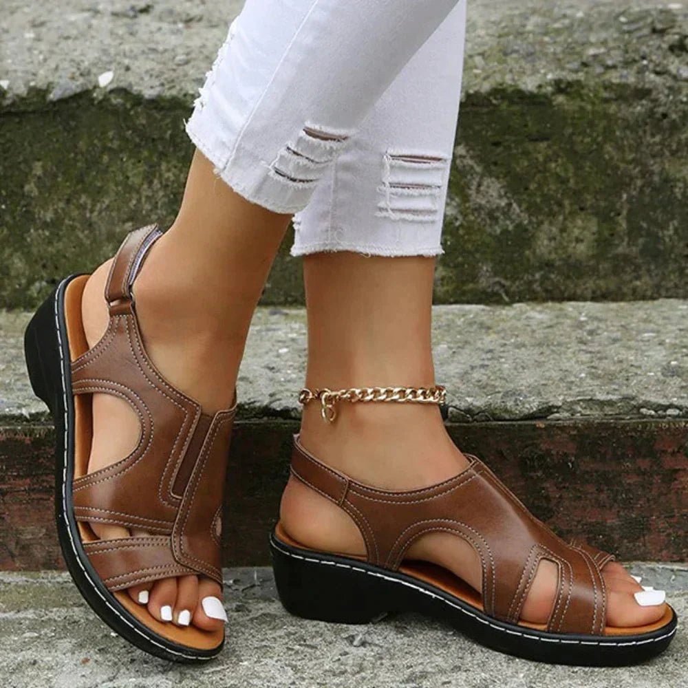 Women's Orthopedic Arch-Support Wedge Leather Sandals - Brown