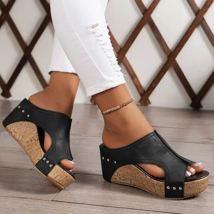 Women's Orthopedic Cushioned Cork Wedge Peep-Toe Mule Sandals