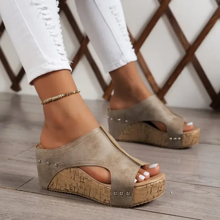 Women's Orthopedic Cushioned Cork Wedge Peep-Toe Mule Sandals - Beige