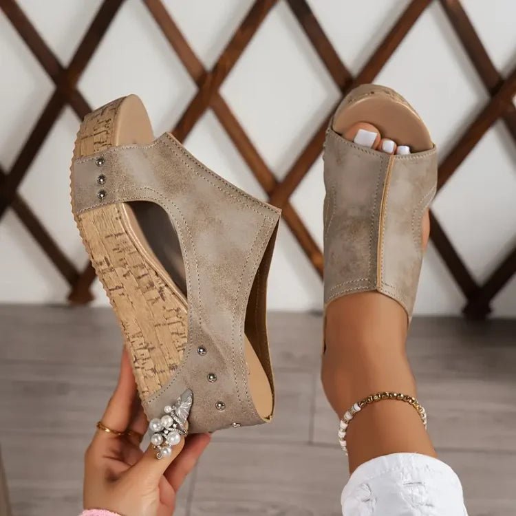 Women's Orthopedic Cushioned Cork Wedge Peep-Toe Mule Sandals