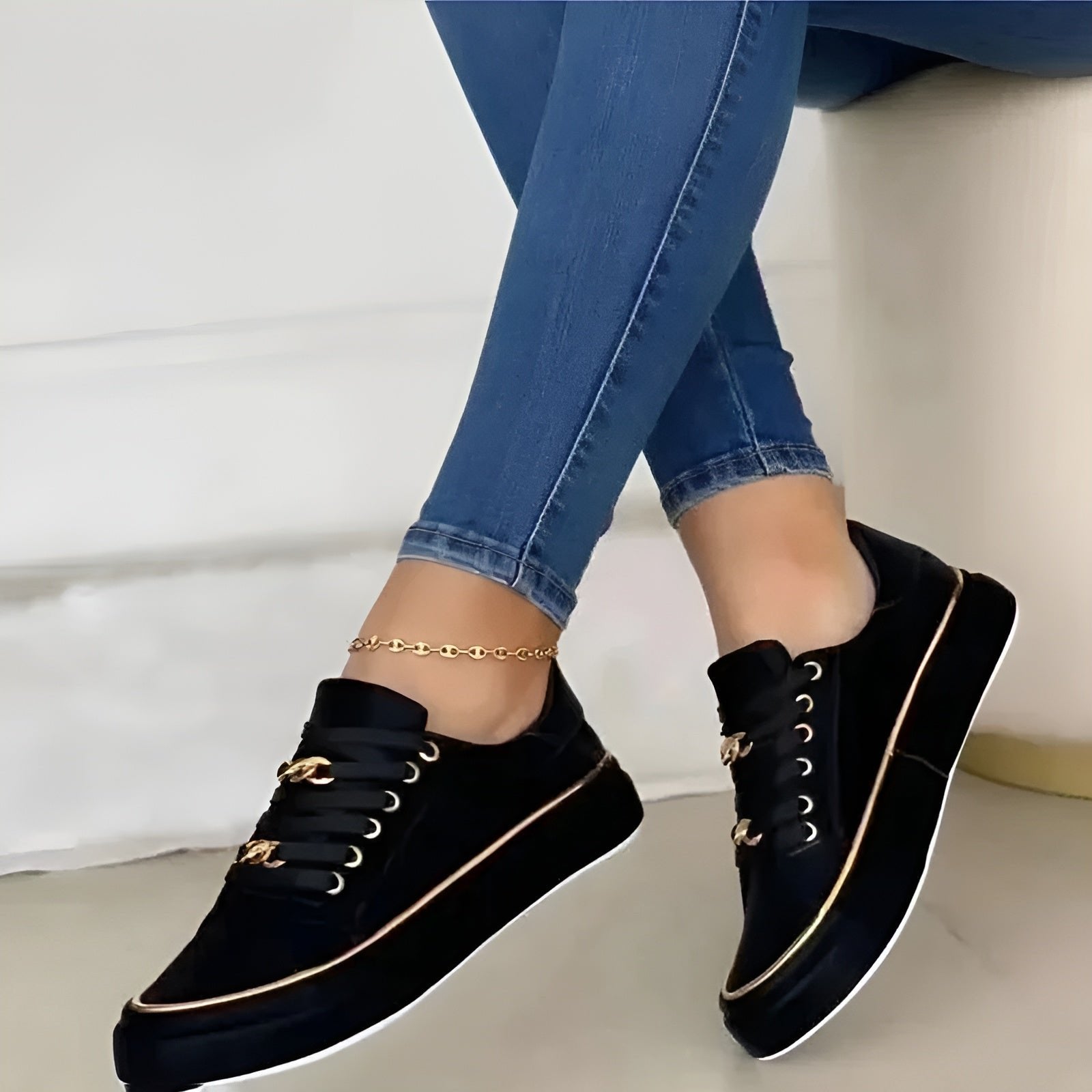 Women's Orthopedic Gold-Accent Lace-Up Platform Trainers