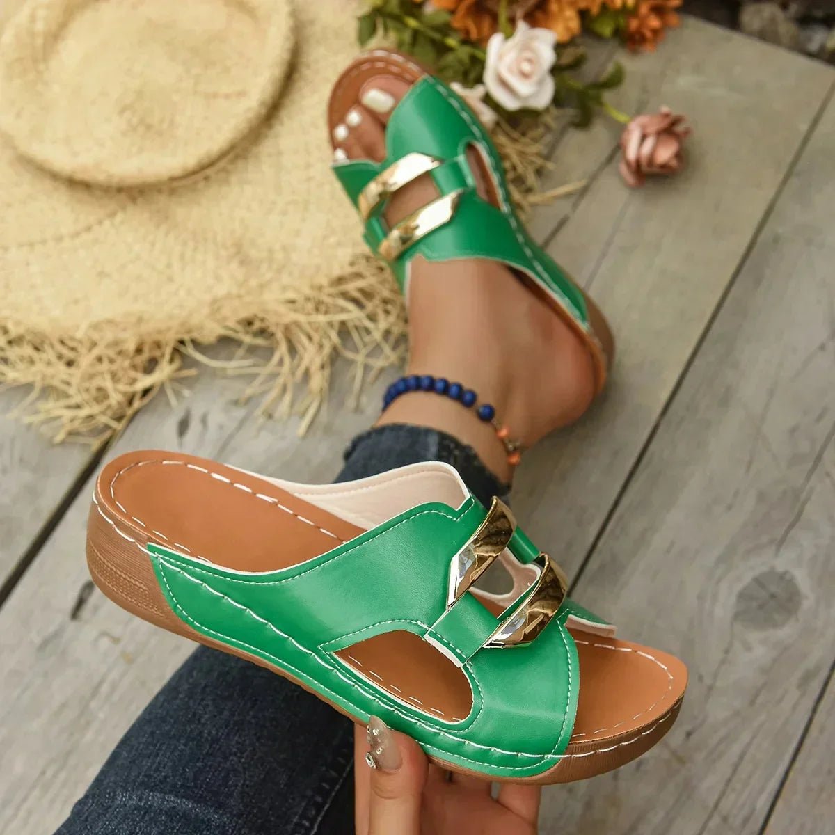 Women's Orthopedic Wedge Heel Slip-On Sandals - Green