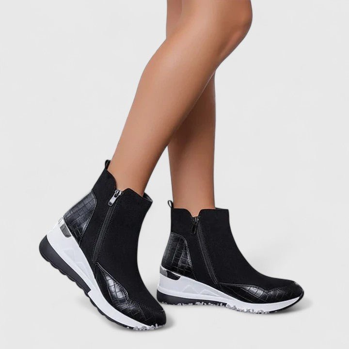 Women's Orthopedic Wedge-Sole Zip-Up Ankle Boots - Black