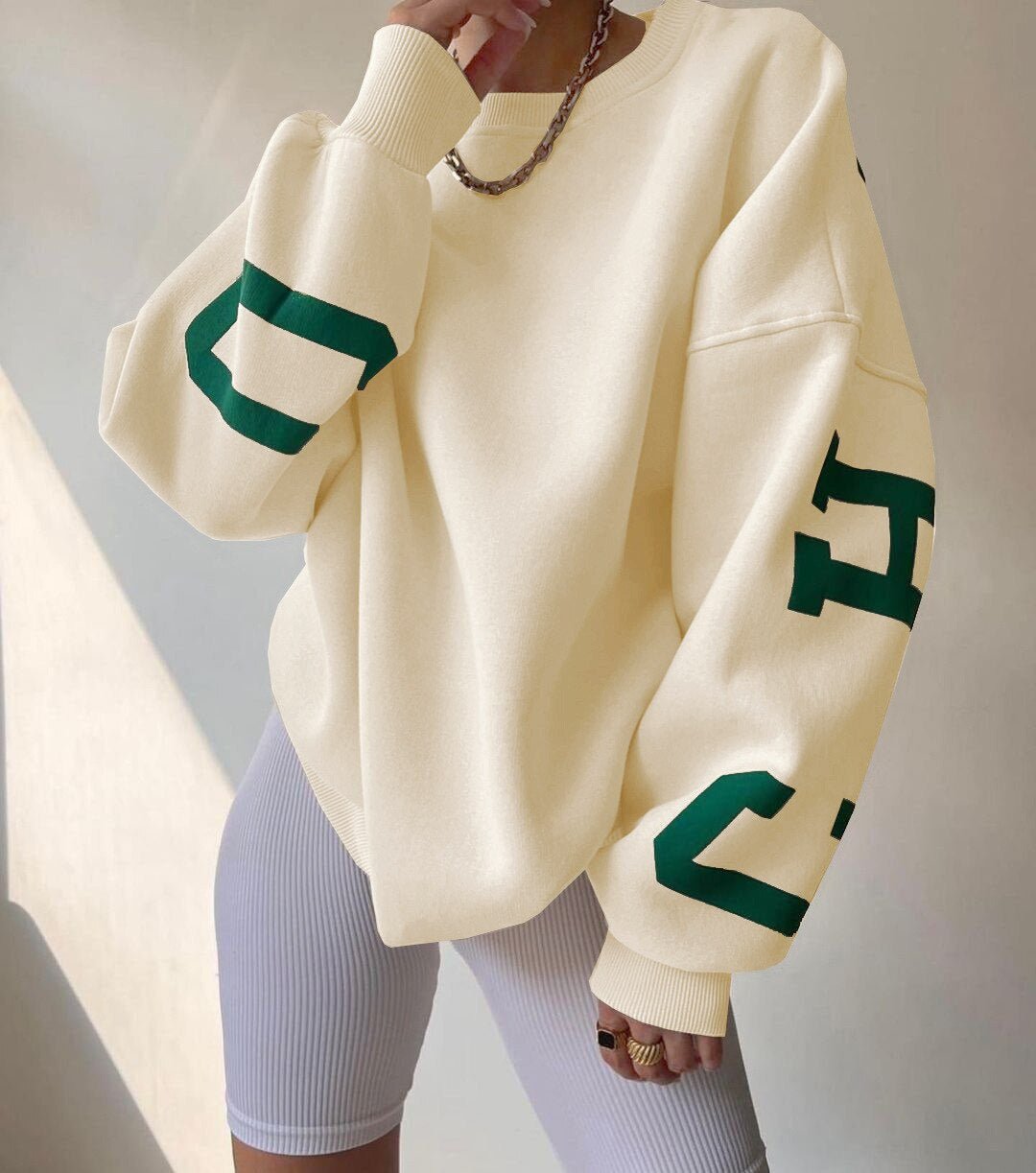 Women's Oversized Fleece-Lined Varsity Sleeve Crewneck Jumper - Cream