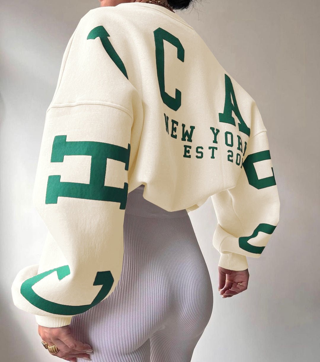 Women's Oversized Fleece-Lined Varsity Sleeve Crewneck Jumper