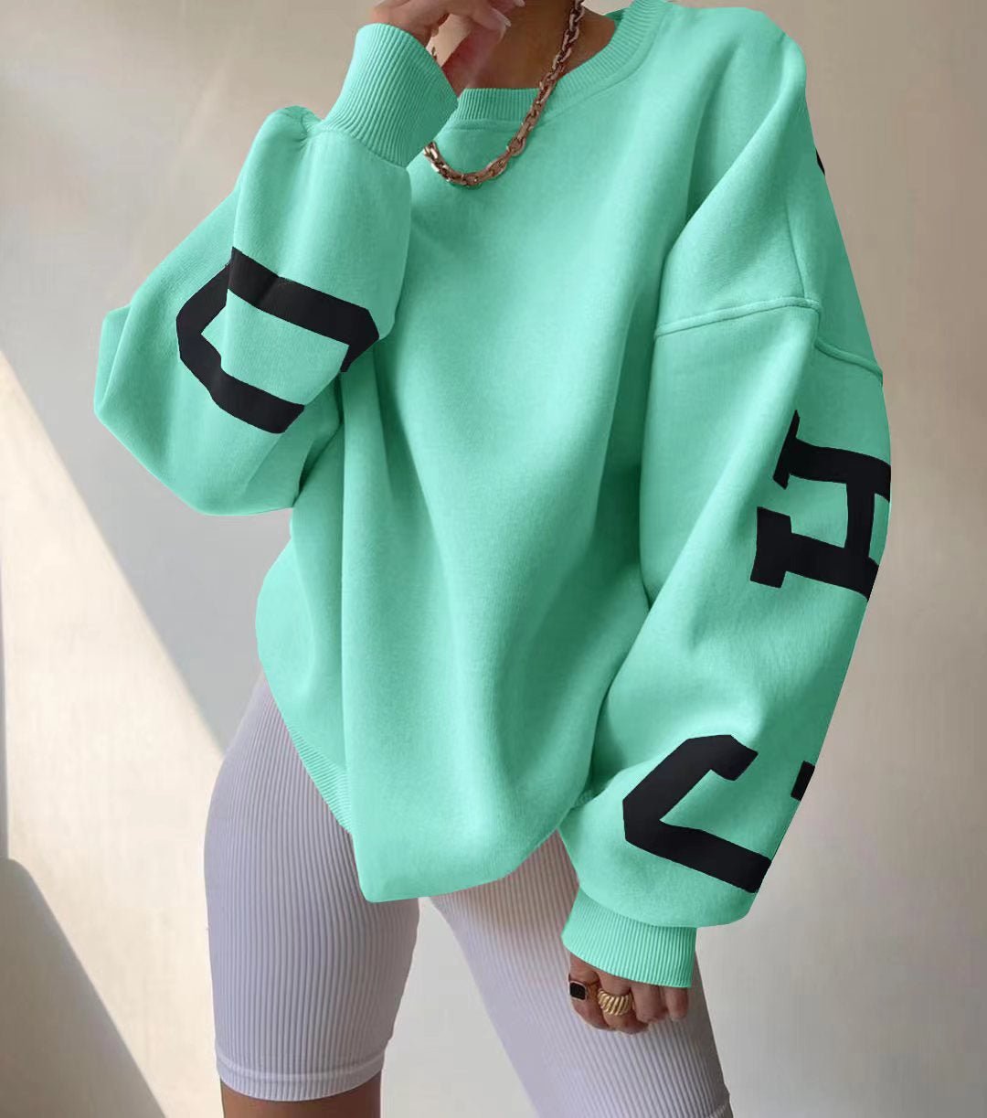 Women's Oversized Fleece-Lined Varsity Sleeve Crewneck Jumper - Mint Green