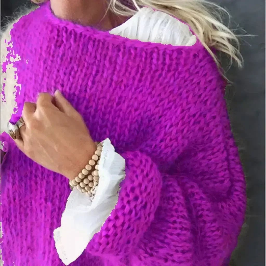 Women's Oversized Fluffy Knitted Crew-Neck Jumper - Purple
