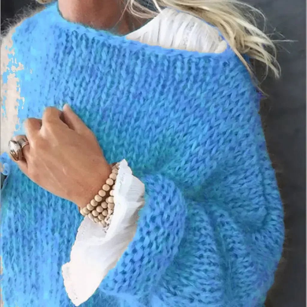 Women's Oversized Fluffy Knitted Crew-Neck Jumper - Blue