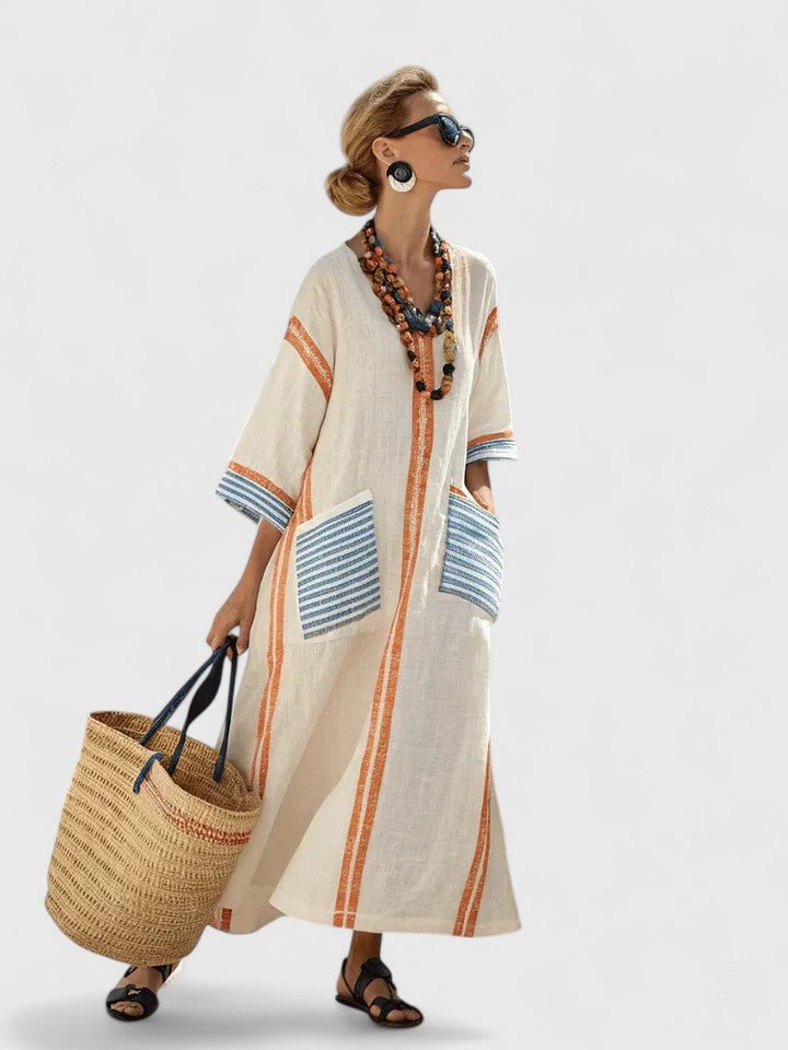 Women's Oversized Linen V-Neck Stripe-Trim Boho Maxi Dress - Beige 2