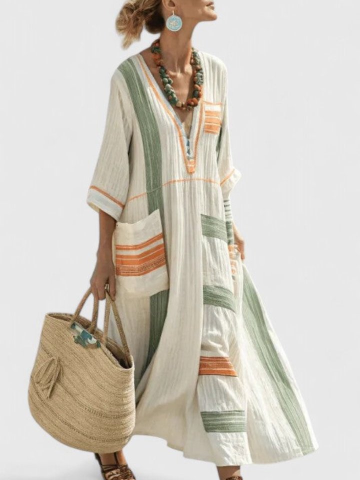 Women's Oversized Linen V-Neck Stripe-Trim Boho Maxi Dress - Beige 5