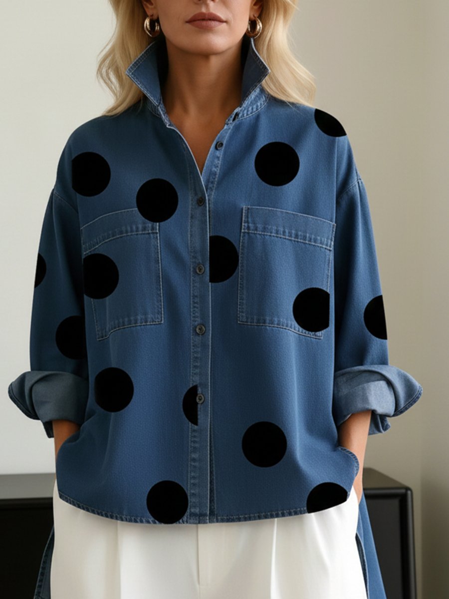 Women's Oversized Polka Dot Denim Long-Sleeve Shirt