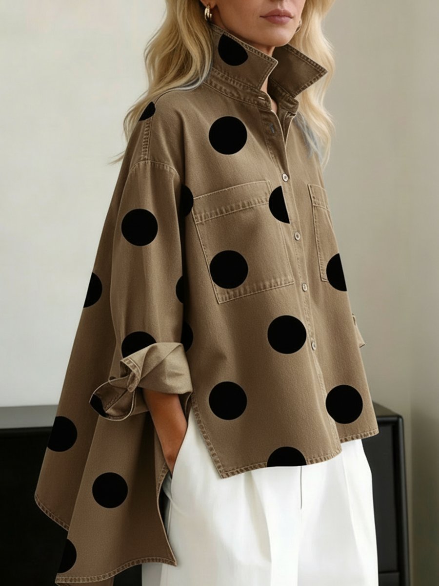 Women's Oversized Polka Dot Denim Long-Sleeve Shirt - Khaki
