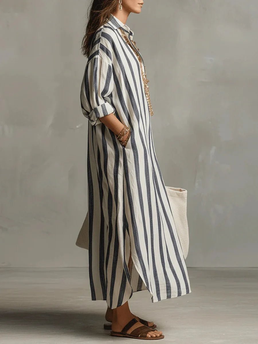 Women's Oversized Striped Linen Shirt Maxi Dress