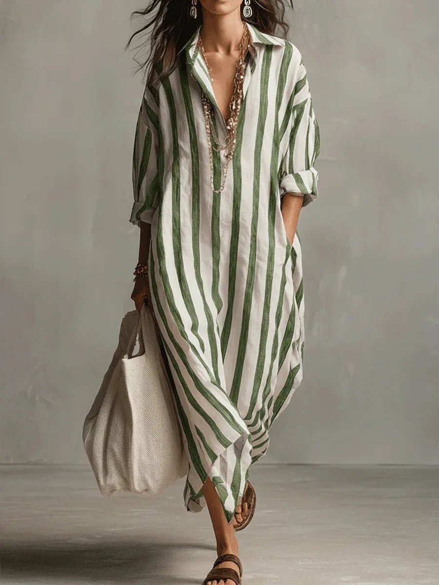 Women's Oversized Striped Linen Shirt Maxi Dress - Green