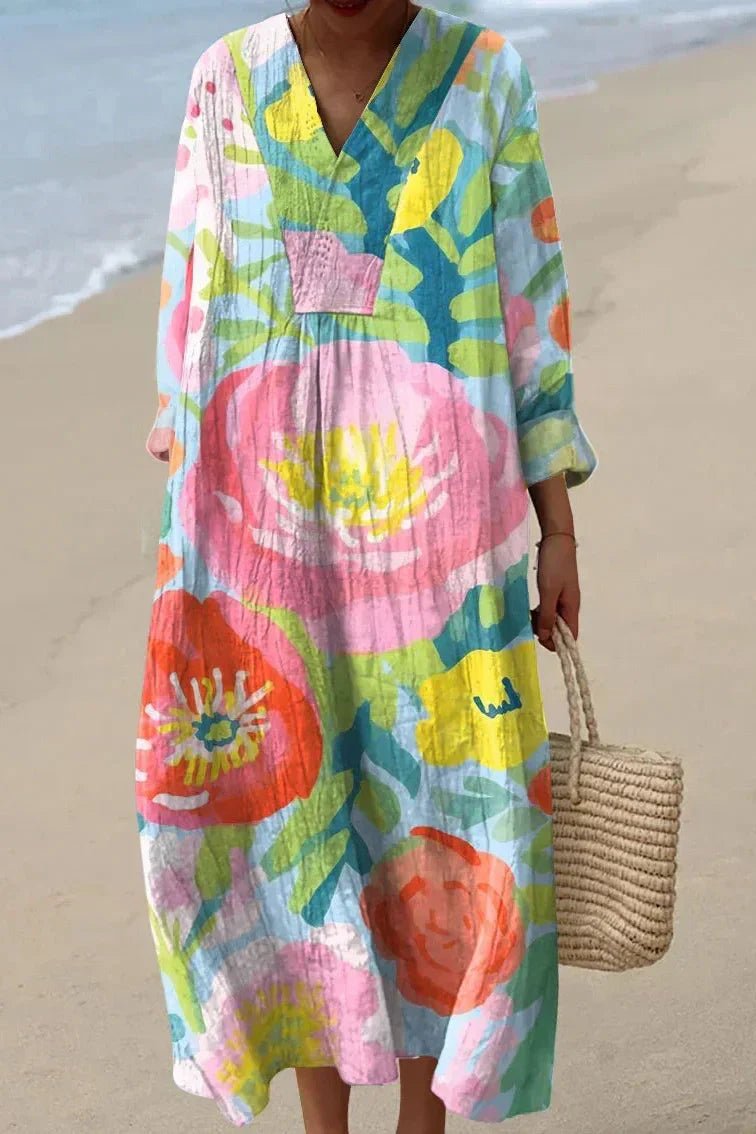 Women's Painterly Floral Linen V-Neck Long Sleeve Oversized Maxi Dress