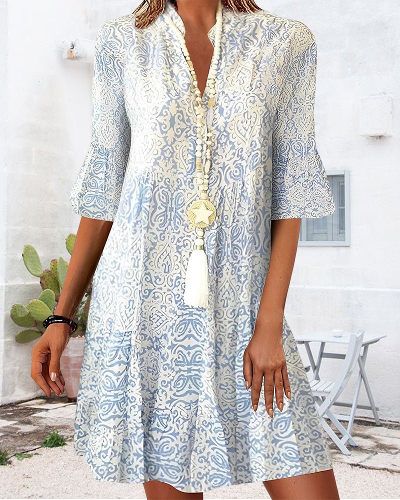 Women's Paisley Print V-Neck Bell Sleeve Relaxed Midi Dress