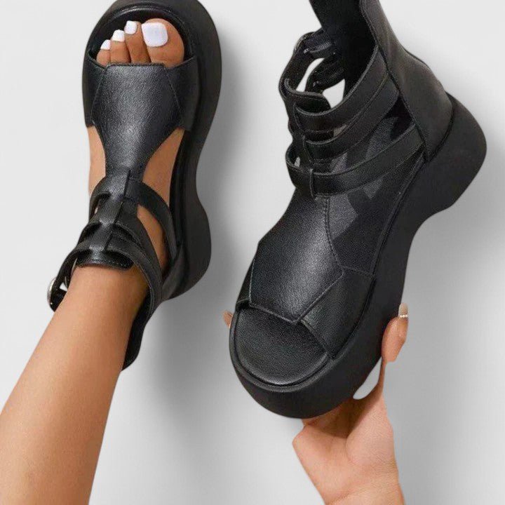 Women's Platform Gladiator Sandals Double-Buckle Ankle-Strap - Schwarz
