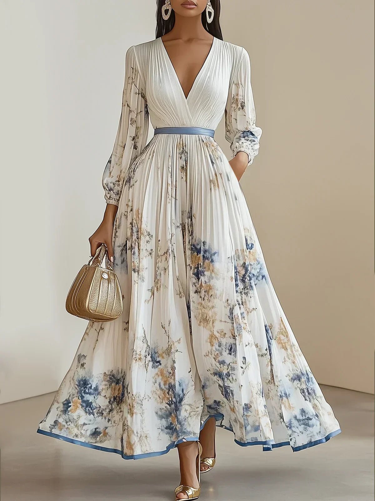 Women's Pleated Floral-Print Deep V-Neck Puff-Sleeve Maxi Dress - White